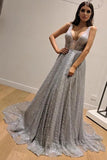 Chic A-Line Silver Backless V Neck Fashion Custom Unique Long Prom Dresses SJS15130