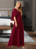 Madge A-Line V-neck Floor-Length Bridesmaid Dress With Ruffle UKP0012769