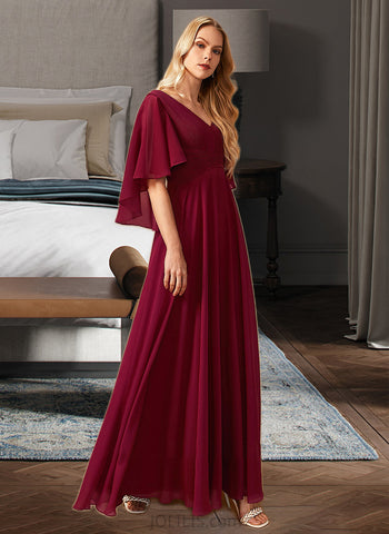 Madge A-Line V-neck Floor-Length Bridesmaid Dress With Ruffle UKP0012769