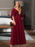 Madge A-Line V-neck Floor-Length Bridesmaid Dress With Ruffle UKP0012769