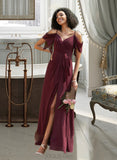 Madalyn A-Line V-neck Floor-Length Bridesmaid Dress With Ruffle Split Front UKP0012772