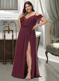 Madalyn A-Line V-neck Floor-Length Bridesmaid Dress With Ruffle Split Front UKP0012772