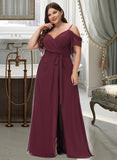 Madalyn A-Line V-neck Floor-Length Bridesmaid Dress With Ruffle Split Front UKP0012772