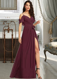 Madalyn A-Line V-neck Floor-Length Bridesmaid Dress With Ruffle Split Front UKP0012772