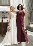 Madalyn A-Line V-neck Floor-Length Bridesmaid Dress With Ruffle Split Front UKP0012772