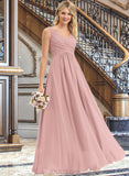 Nan A-Line V-neck Floor-Length Chiffon Bridesmaid Dress With Ruffle UKP0012774