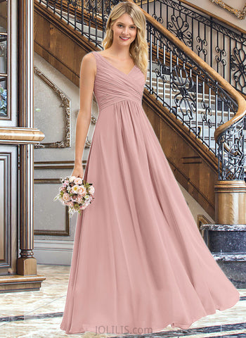 Nan A-Line V-neck Floor-Length Chiffon Bridesmaid Dress With Ruffle UKP0012774