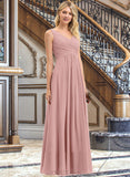 Nan A-Line V-neck Floor-Length Chiffon Bridesmaid Dress With Ruffle UKP0012774