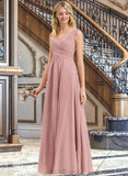 Nan A-Line V-neck Floor-Length Chiffon Bridesmaid Dress With Ruffle UKP0012774