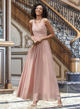 Nan A-Line V-neck Floor-Length Chiffon Bridesmaid Dress With Ruffle UKP0012774