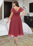 Brynlee A-Line V-neck Asymmetrical Bridesmaid Dress With Ruffle UKP0012775