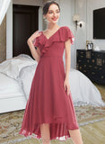 Brynlee A-Line V-neck Asymmetrical Bridesmaid Dress With Ruffle UKP0012775