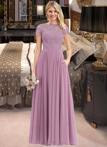 Danika A-Line Scoop Neck Floor-Length Chiffon Lace Bridesmaid Dress With Pockets UKP0012776