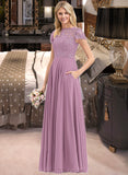 Danika A-Line Scoop Neck Floor-Length Chiffon Lace Bridesmaid Dress With Pockets UKP0012776