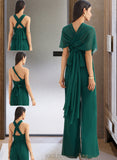 Skye Jumpsuit/Pantsuit One-Shoulder Halter V-neck High Neck Floor-Length Bridesmaid Dress With Ruffle UKP0012777