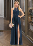 Stephanie A-Line Scoop Neck Floor-Length Chiffon Lace Bridesmaid Dress With Split Front UKP0012778