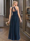 Stephanie A-Line Scoop Neck Floor-Length Chiffon Lace Bridesmaid Dress With Split Front UKP0012778