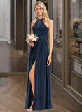 Stephanie A-Line Scoop Neck Floor-Length Chiffon Lace Bridesmaid Dress With Split Front UKP0012778