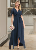 Jaqueline A-Line V-neck Asymmetrical Chiffon Bridesmaid Dress With Bow(s) UKP0012783