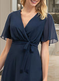 Jaqueline A-Line V-neck Asymmetrical Chiffon Bridesmaid Dress With Bow(s) UKP0012783