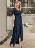 Jaqueline A-Line V-neck Asymmetrical Chiffon Bridesmaid Dress With Bow(s) UKP0012783