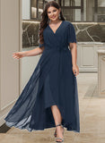 Jaqueline A-Line V-neck Asymmetrical Chiffon Bridesmaid Dress With Bow(s) UKP0012783