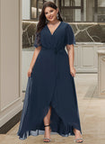 Jaqueline A-Line V-neck Asymmetrical Chiffon Bridesmaid Dress With Bow(s) UKP0012783