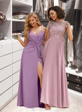 Julianna A-Line V-neck Floor-Length Chiffon Bridesmaid Dress With Ruffle Split Front UKP0012784