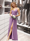 Julianna A-Line V-neck Floor-Length Chiffon Bridesmaid Dress With Ruffle Split Front UKP0012784