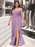 Julianna A-Line V-neck Floor-Length Chiffon Bridesmaid Dress With Ruffle Split Front UKP0012784