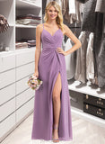 Julianna A-Line V-neck Floor-Length Chiffon Bridesmaid Dress With Ruffle Split Front UKP0012784