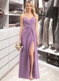 Julianna A-Line V-neck Floor-Length Chiffon Bridesmaid Dress With Ruffle Split Front UKP0012784