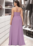 Julianna A-Line V-neck Floor-Length Chiffon Bridesmaid Dress With Ruffle Split Front UKP0012784