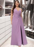 Julianna A-Line V-neck Floor-Length Chiffon Bridesmaid Dress With Ruffle Split Front UKP0012784