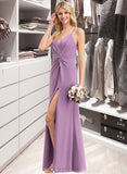 Julianna A-Line V-neck Floor-Length Chiffon Bridesmaid Dress With Ruffle Split Front UKP0012784