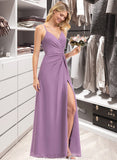 Julianna A-Line V-neck Floor-Length Chiffon Bridesmaid Dress With Ruffle Split Front UKP0012784