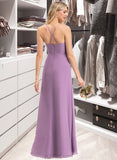 Julianna A-Line V-neck Floor-Length Chiffon Bridesmaid Dress With Ruffle Split Front UKP0012784