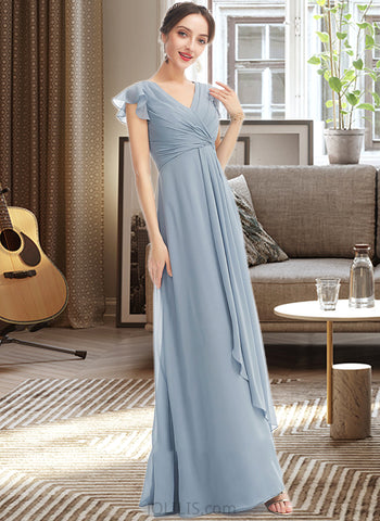 Mandy A-Line V-neck Floor-Length Bridesmaid Dress With Ruffle Split Front UKP0012787