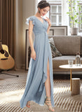 Mandy A-Line V-neck Floor-Length Bridesmaid Dress With Ruffle Split Front UKP0012787