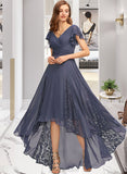 Yasmin A-Line V-neck Asymmetrical Chiffon Bridesmaid Dress With Ruffle Lace UKP0012788