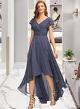 Yasmin A-Line V-neck Asymmetrical Chiffon Bridesmaid Dress With Ruffle Lace UKP0012788