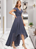 Yasmin A-Line V-neck Asymmetrical Chiffon Bridesmaid Dress With Ruffle Lace UKP0012788