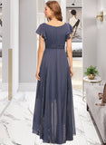 Yasmin A-Line V-neck Asymmetrical Chiffon Bridesmaid Dress With Ruffle Lace UKP0012788