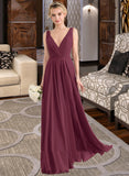 Gwen A-Line V-neck Floor-Length Chiffon Bridesmaid Dress With Ruffle UKP0012789