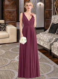 Gwen A-Line V-neck Floor-Length Chiffon Bridesmaid Dress With Ruffle UKP0012789