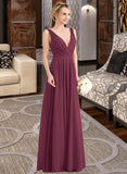 Gwen A-Line V-neck Floor-Length Chiffon Bridesmaid Dress With Ruffle UKP0012789