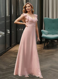 Lorna Empire V-Neck Floor-Length Chiffon Bridesmaid Dress With Cascading Ruffles UKP0012790