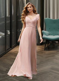 Lorna Empire V-Neck Floor-Length Chiffon Bridesmaid Dress With Cascading Ruffles UKP0012790