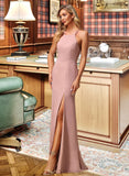 Nan A-Line High Neck Floor-Length Bridesmaid Dress With Lace Split Front UKP0012791