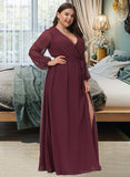 Melany A-Line V-neck Floor-Length Chiffon Bridesmaid Dress With Ruffle Bow(s) Split Front UKP0012795